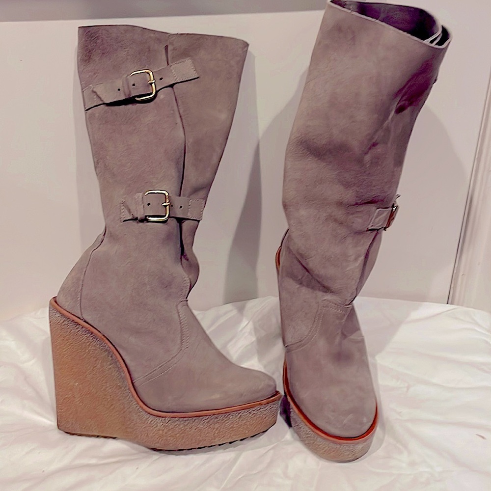 Pierre Hardy women’s grey/taupe Suede Knee high wedge platform boots size 37